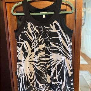 Dress Barn Black Graphic Tank Top with Pleated Design